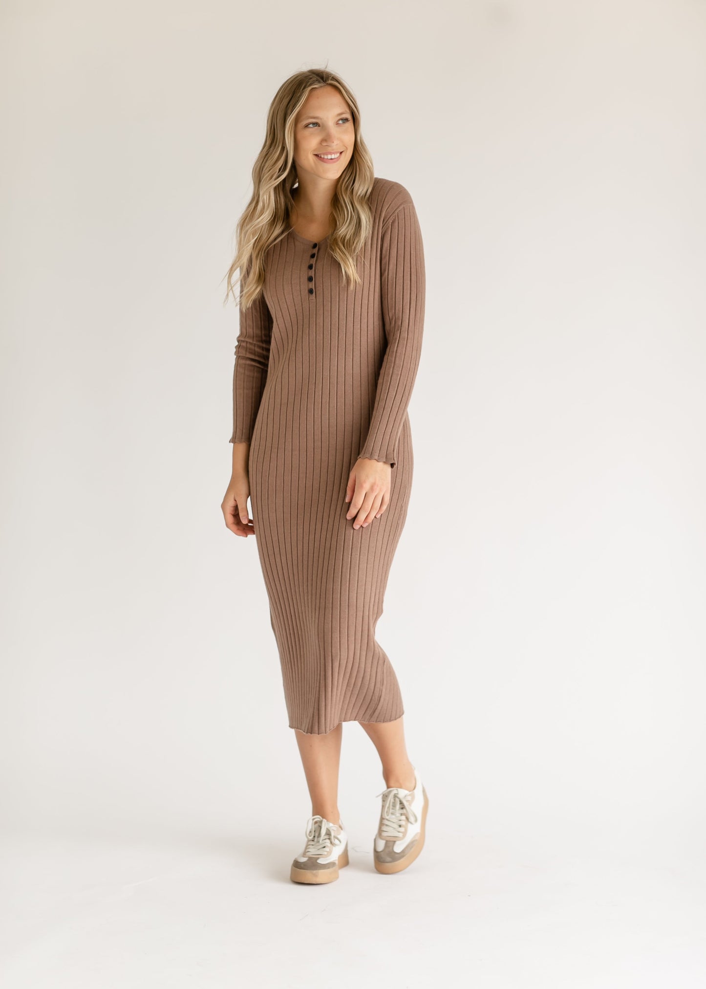 Cassie Knit Quarter Button Midi Dress Ribbed Nursing-Friendly