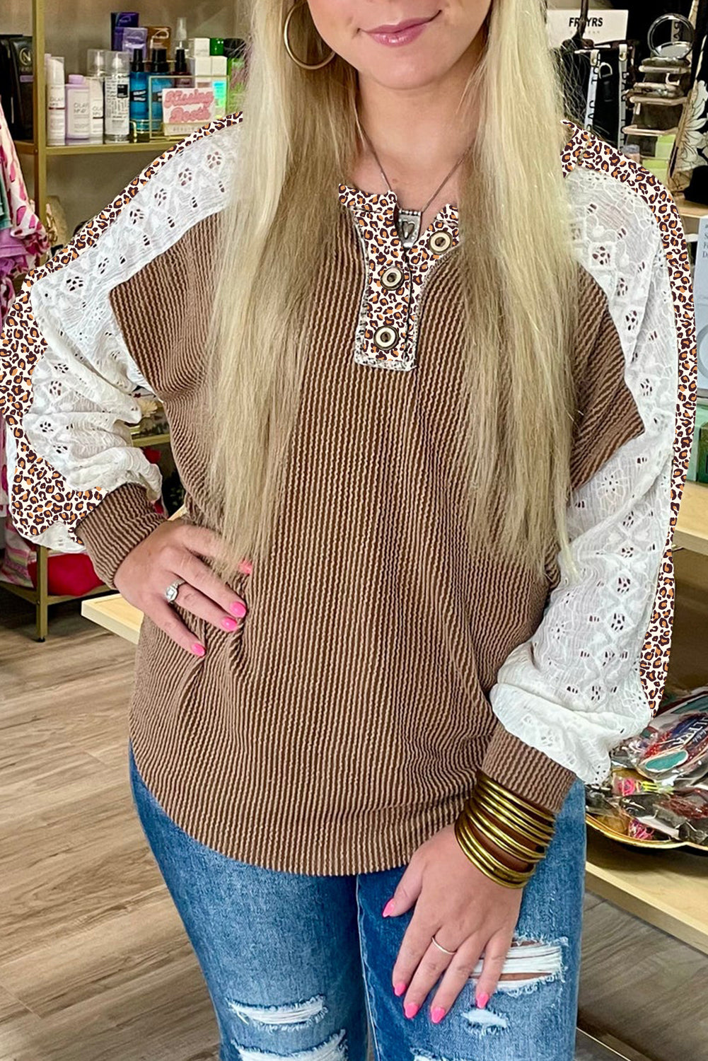 Leopard Patchwork Lace Sleeve Henley Top Medium-High Elasticity Vineyard Green