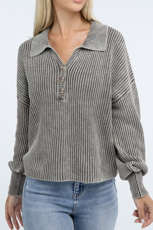 Washed Collared Henley Sweater Low Gauge Heavyweight Sweater