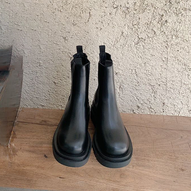 British-Style Mid-Calf Thick-Soled Leather Boots Women’s
