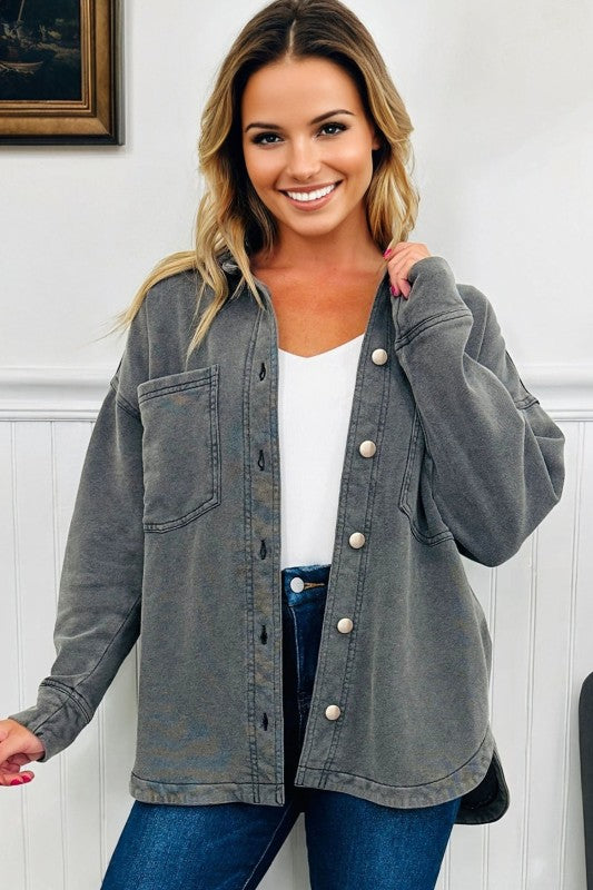 Mineral Wash Drop Shoulder Chest Pocket Shacket