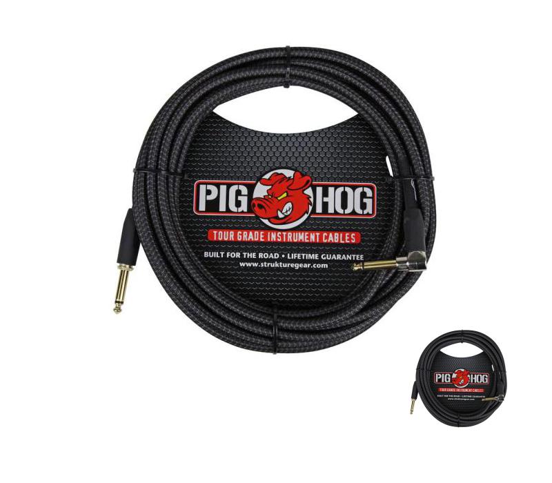 Black Woven ¼” to ¼” Right Angle Instrument Cable 20ft Pig Hog