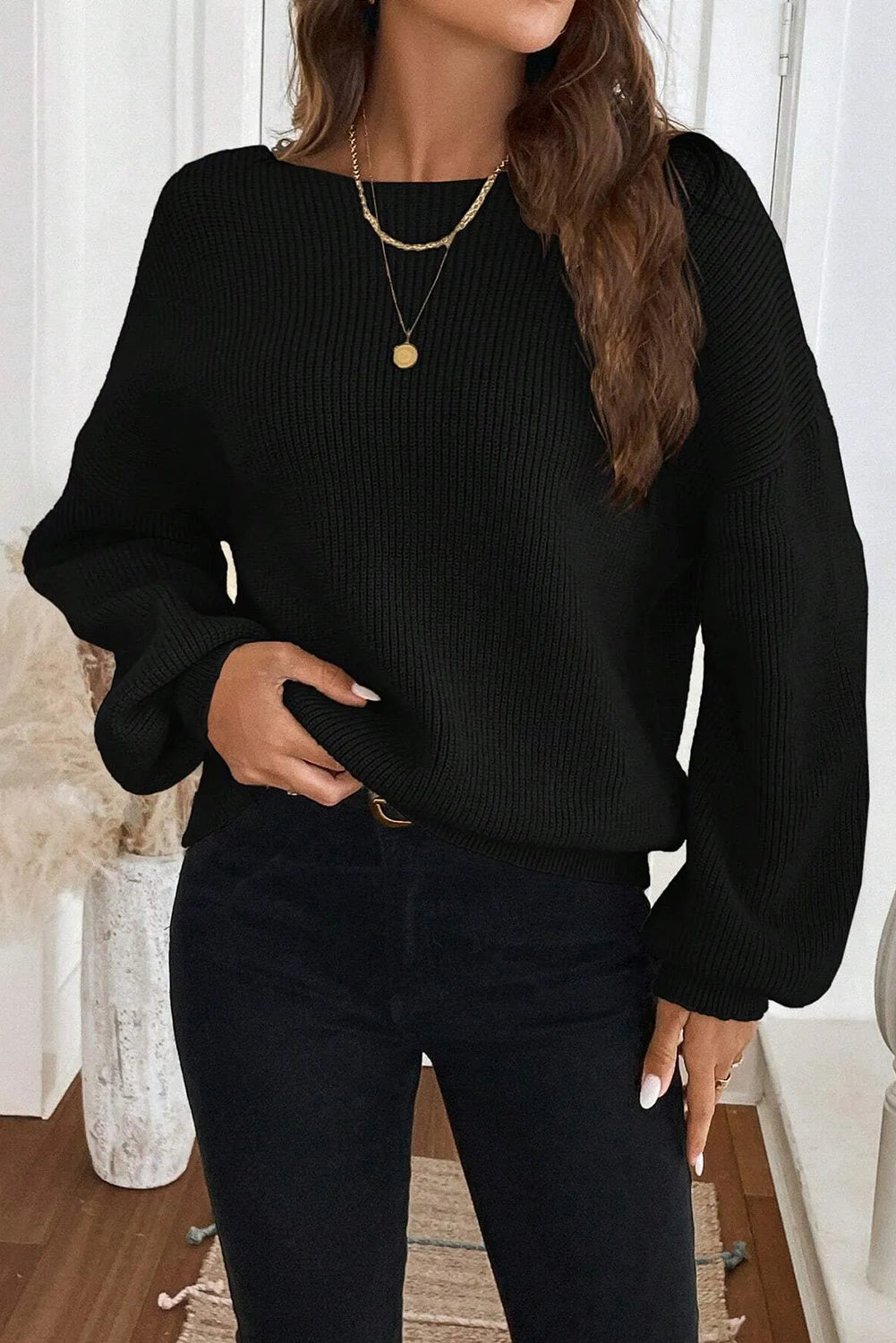 Ribbed Knit Ribbon Knot Backless Drop Shoulder Sweater