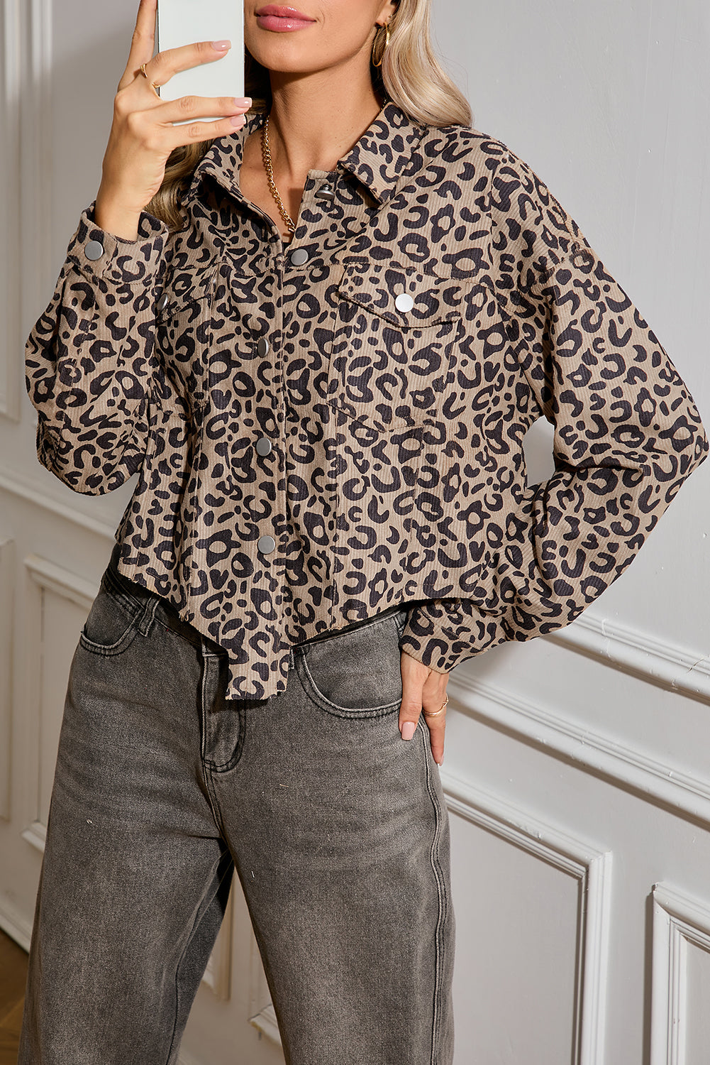 Leopard Print Dark Khaki Raw Hem Cropped Jacket