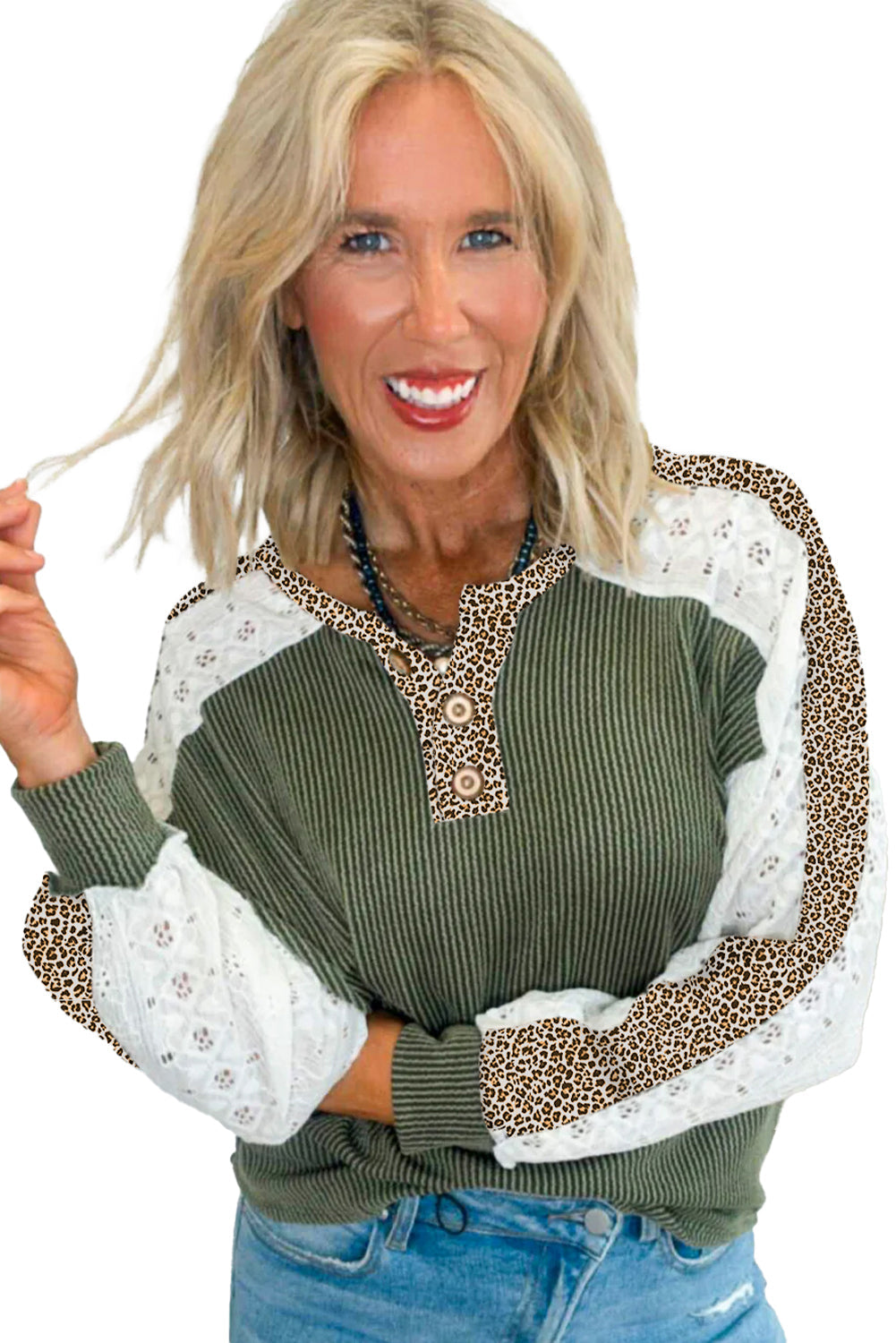 Leopard Patchwork Lace Sleeve Henley Top Medium-High Elasticity Vineyard Green