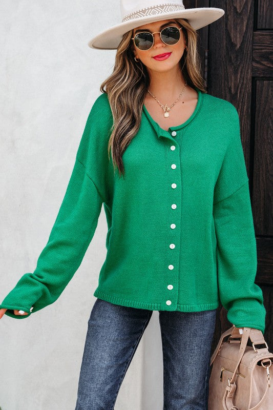 Solid Knit Button-Up Drop Shoulder Sweater Cardigan