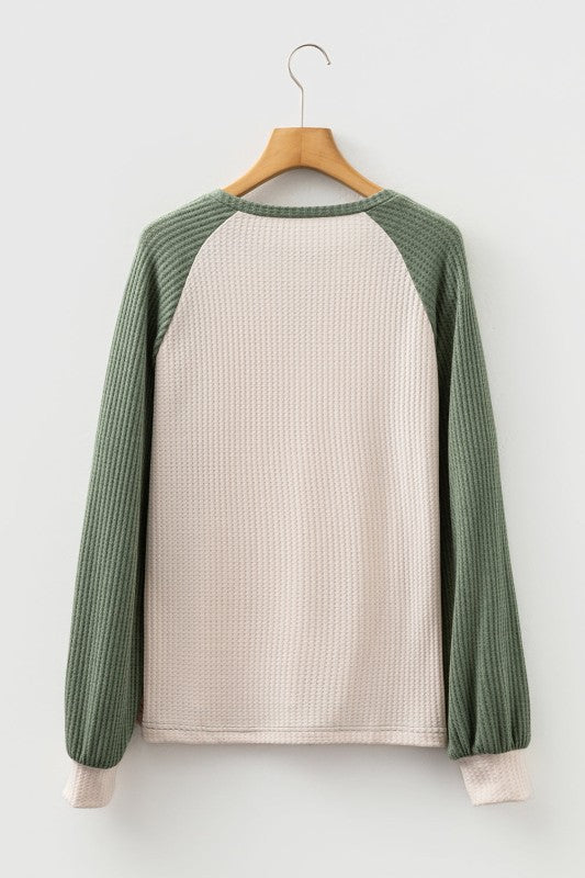 Colorblock Waffle Knit Raglan Sleeve Top