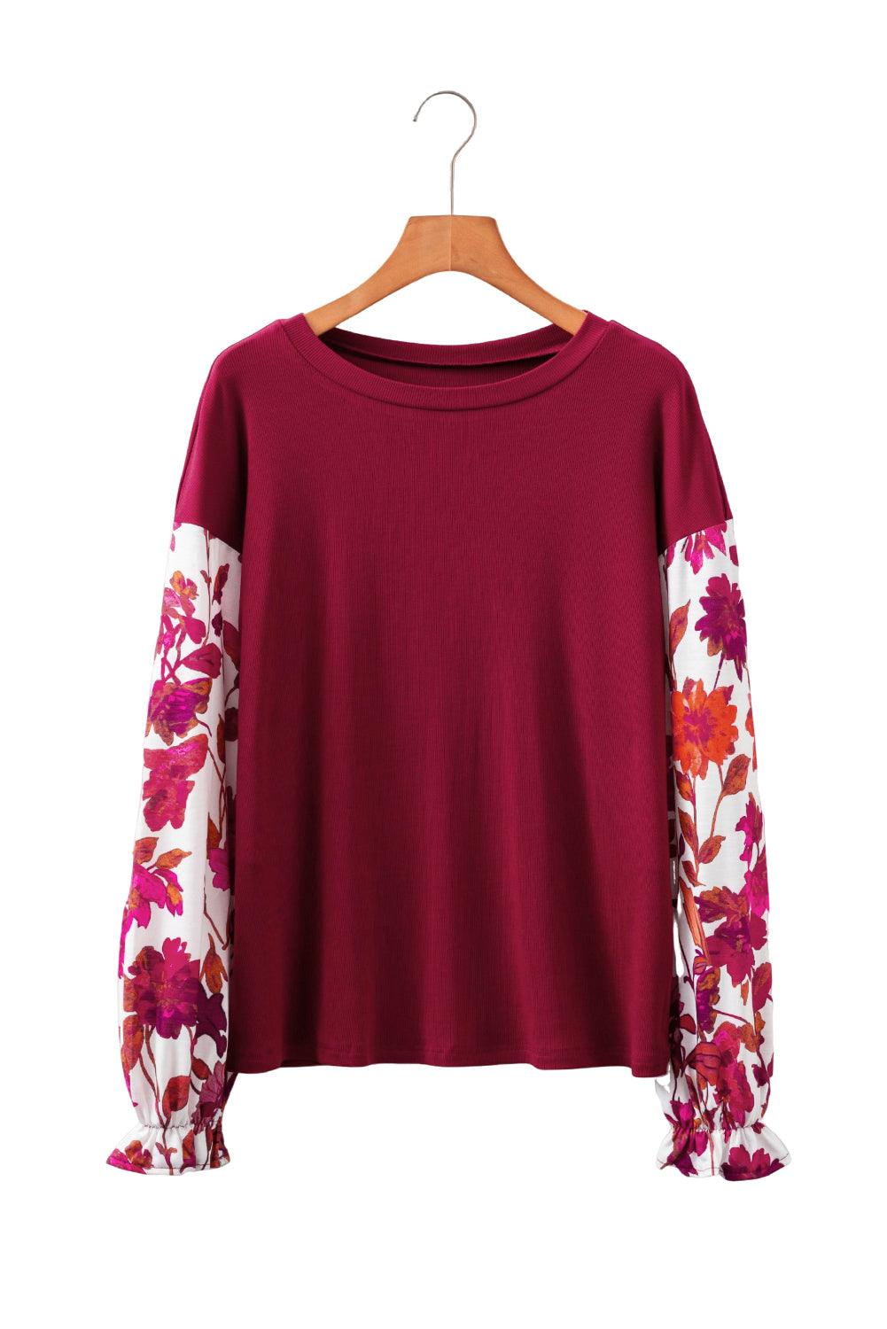 Wild Ginger Contrast Floral Sleeve Ribbed Body Patchwork Long Sleeve Top