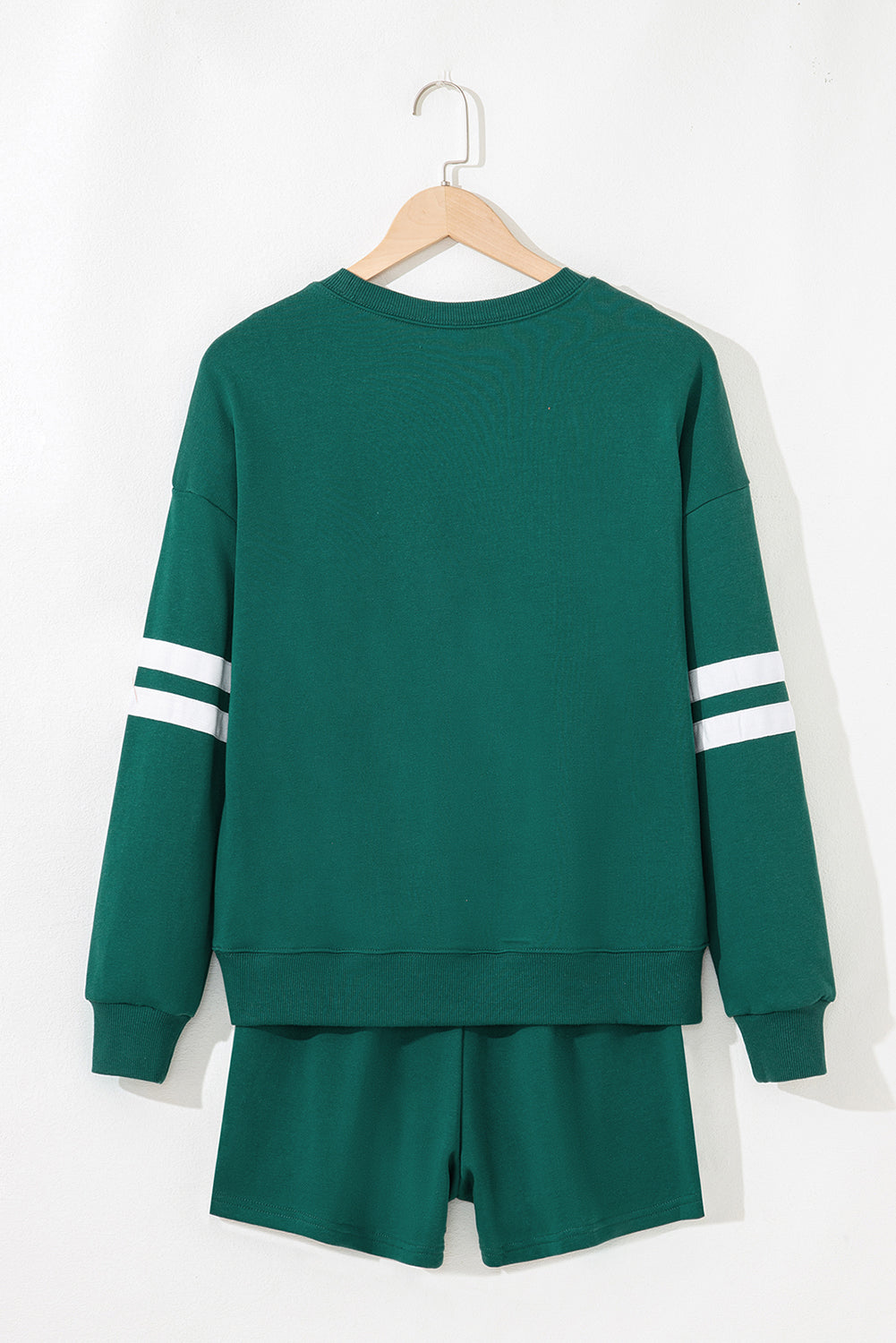 Varsity Striped Sleeve Drop Shoulder Sweatshirt and Shorts Set Evergreen