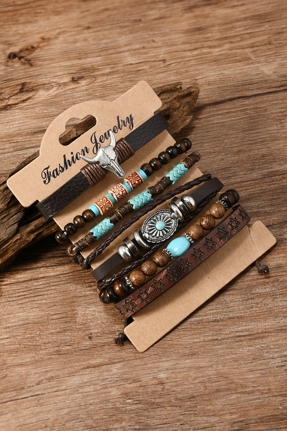 Chestnut Western Bull Skull Turquoise Beading 6 Piece Bracelet Set