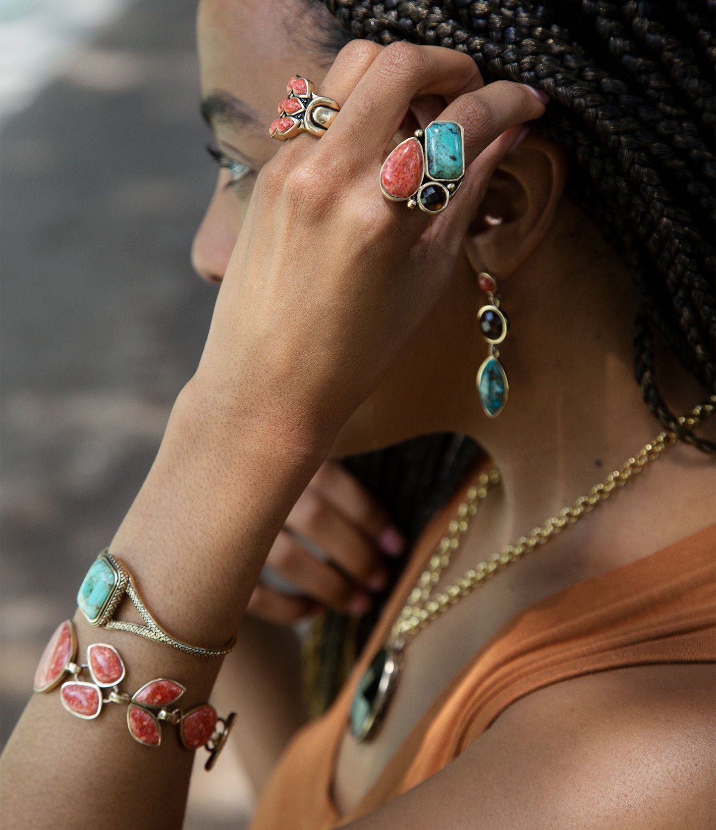 Triple Drop Earrings Genuine Turquoise and Coral Barse Jewelry
