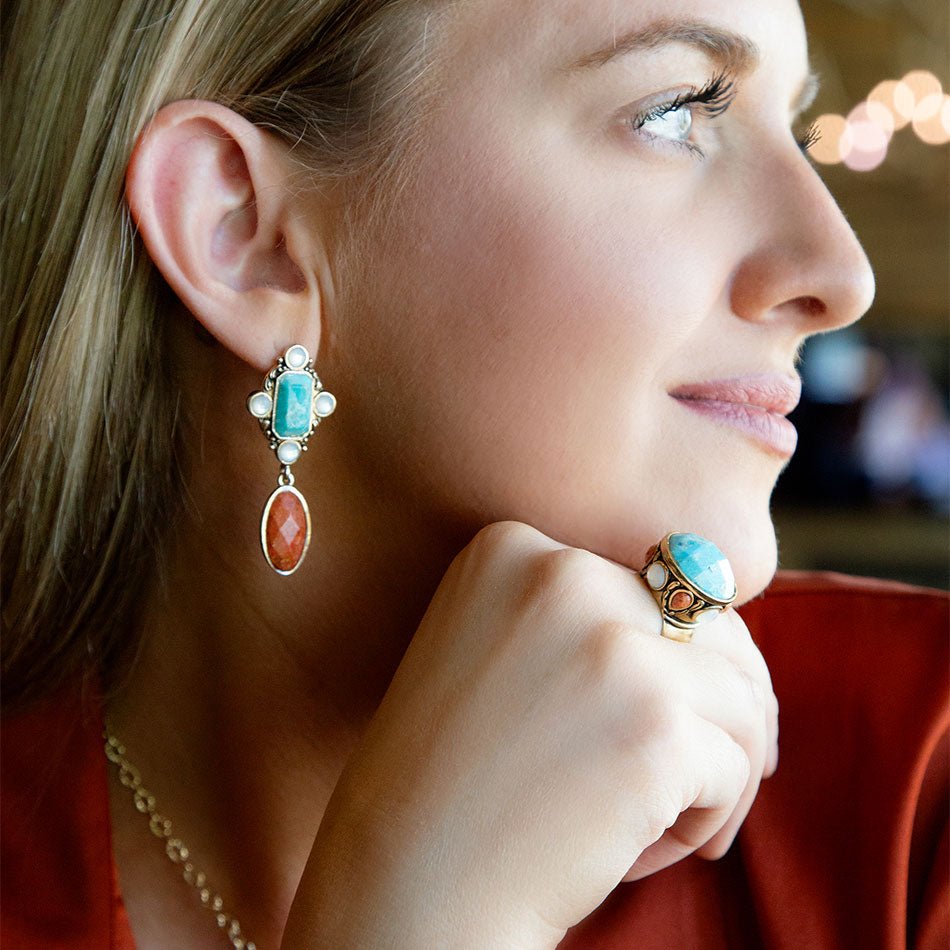 Blue Turquoise and Coral Golden Statement Ring Champs