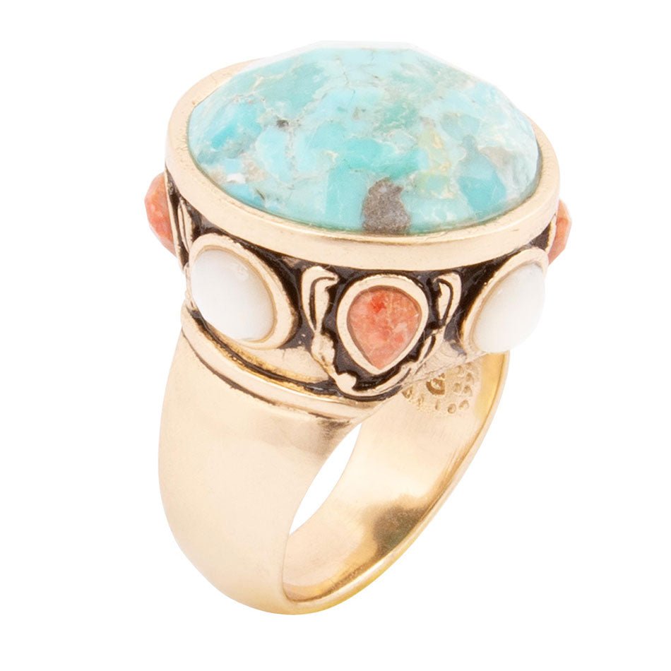 Blue Turquoise and Coral Golden Statement Ring Champs