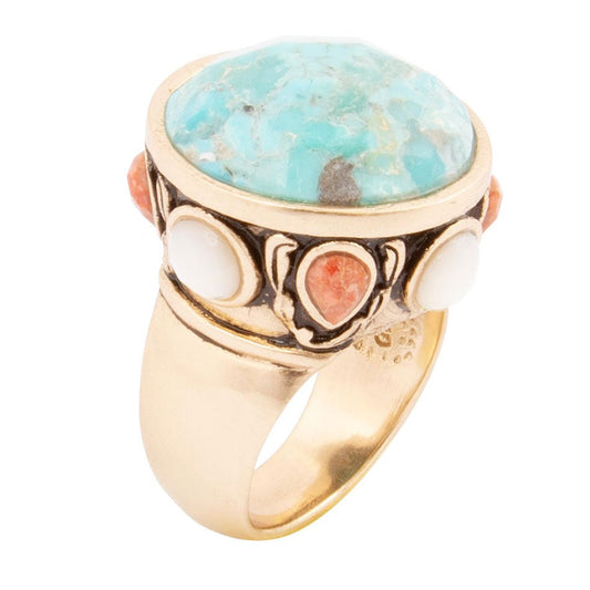 Blue Turquoise and Coral Golden Statement Ring Champs