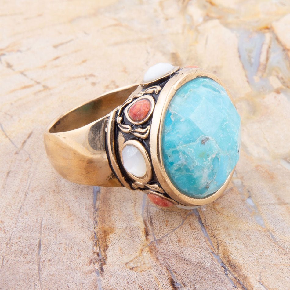 Blue Turquoise and Coral Golden Statement Ring Champs