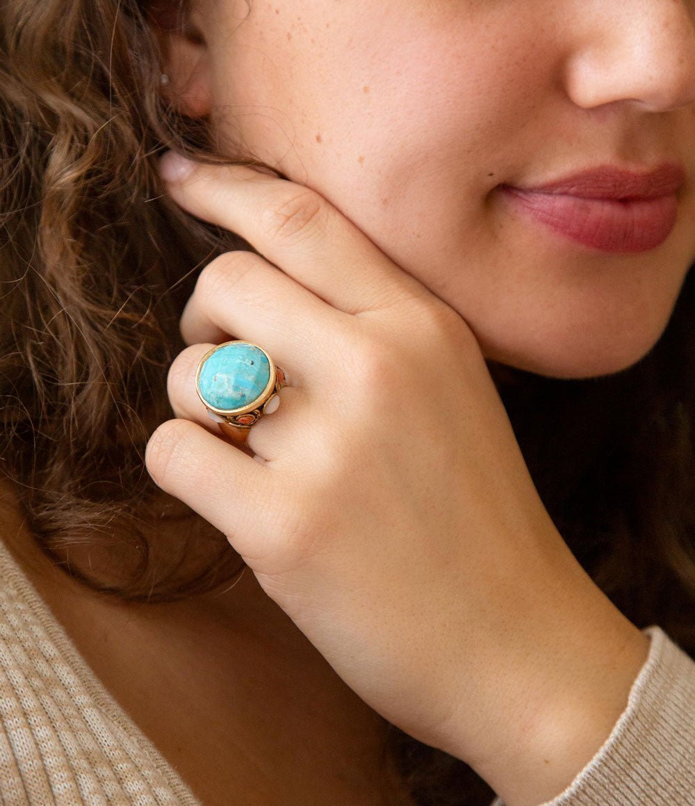 Blue Turquoise and Coral Golden Statement Ring Champs