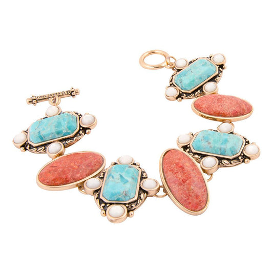 Blue Turquoise and Orange Coral Golden Link Bracelet by Champs
