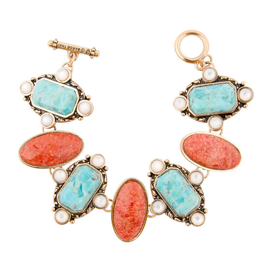 Blue Turquoise and Orange Coral Golden Link Bracelet by Champs