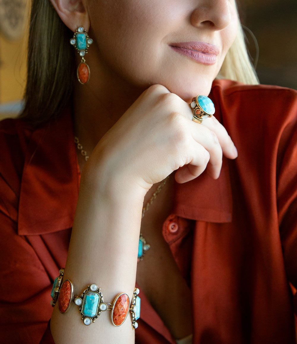 Blue Turquoise and Orange Coral Golden Link Bracelet by Champs