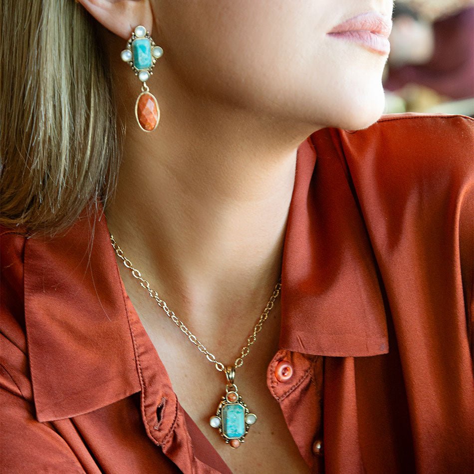 Blue Turquoise and Orange Coral Golden Pendant Necklace Champs