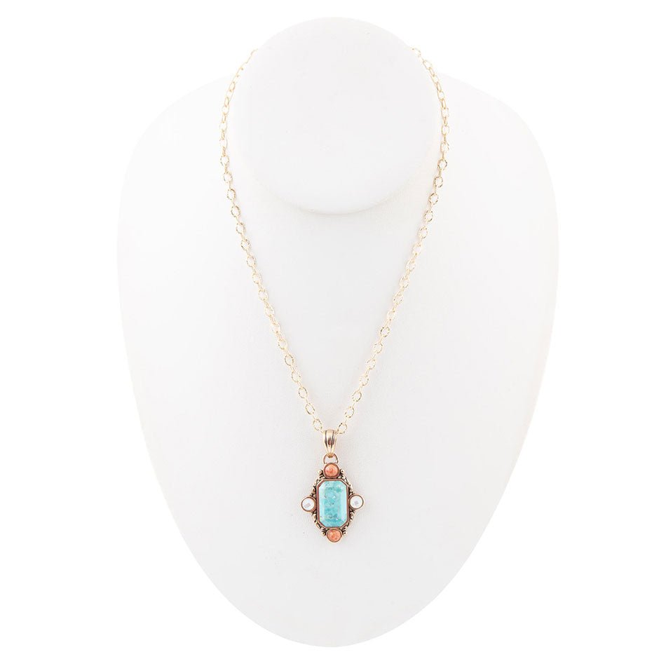 Blue Turquoise and Orange Coral Golden Pendant Necklace Champs