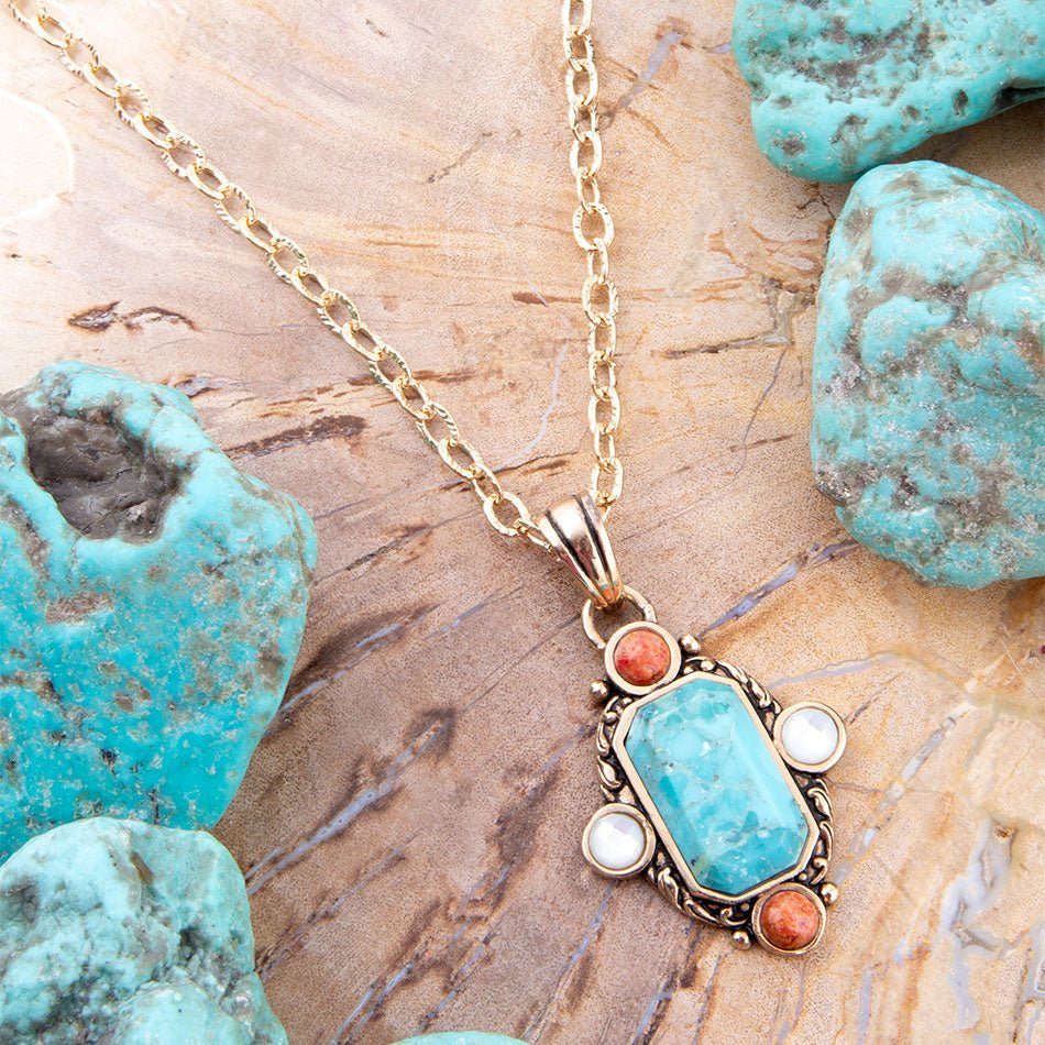 Blue Turquoise and Orange Coral Golden Pendant Necklace Champs
