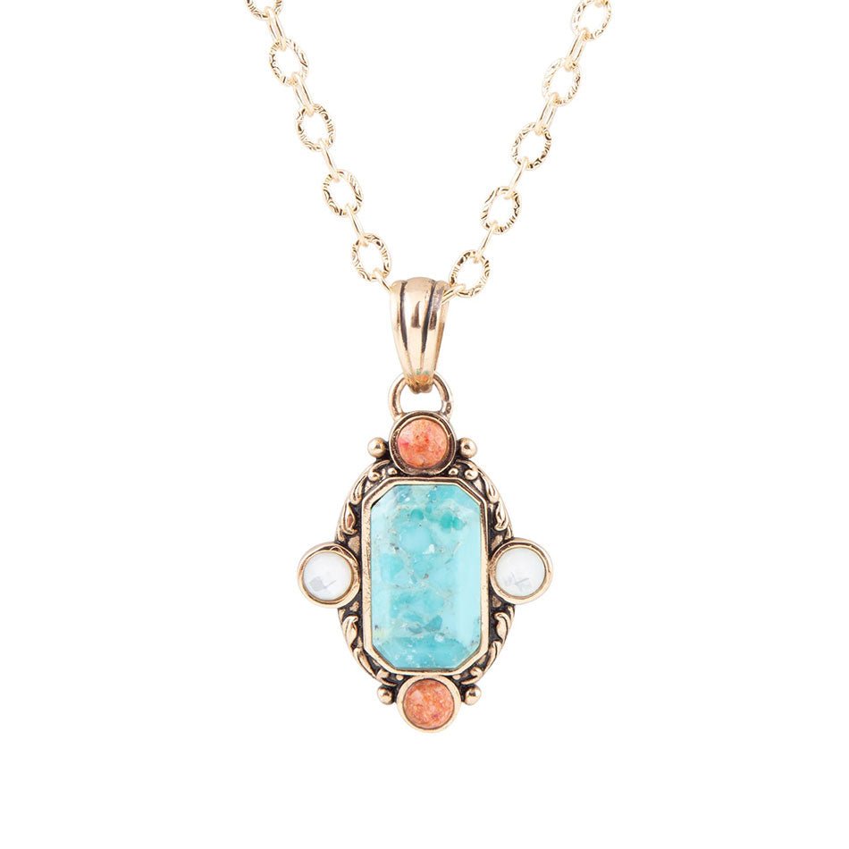 Blue Turquoise and Orange Coral Golden Pendant Necklace Champs