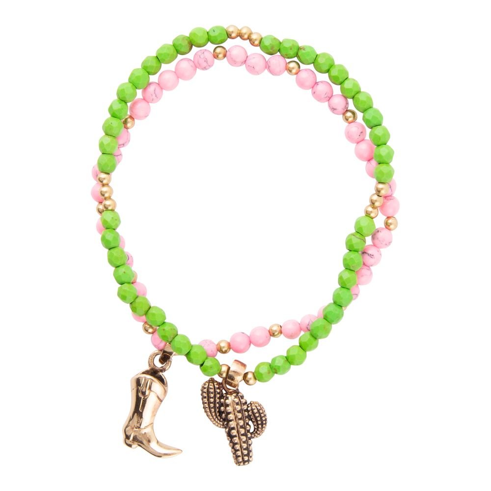 Pink Green Jade Bracelet Set with Charms Genuine Magnesite Charmed Cactus and Boot
