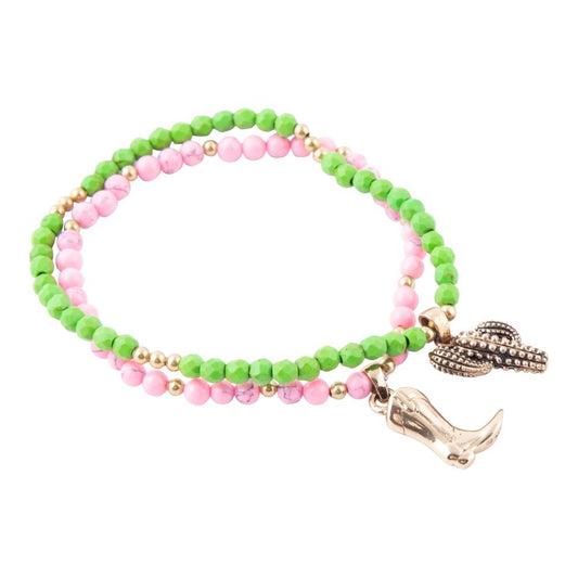 Pink Green Jade Bracelet Set with Charms Genuine Magnesite Charmed Cactus and Boot