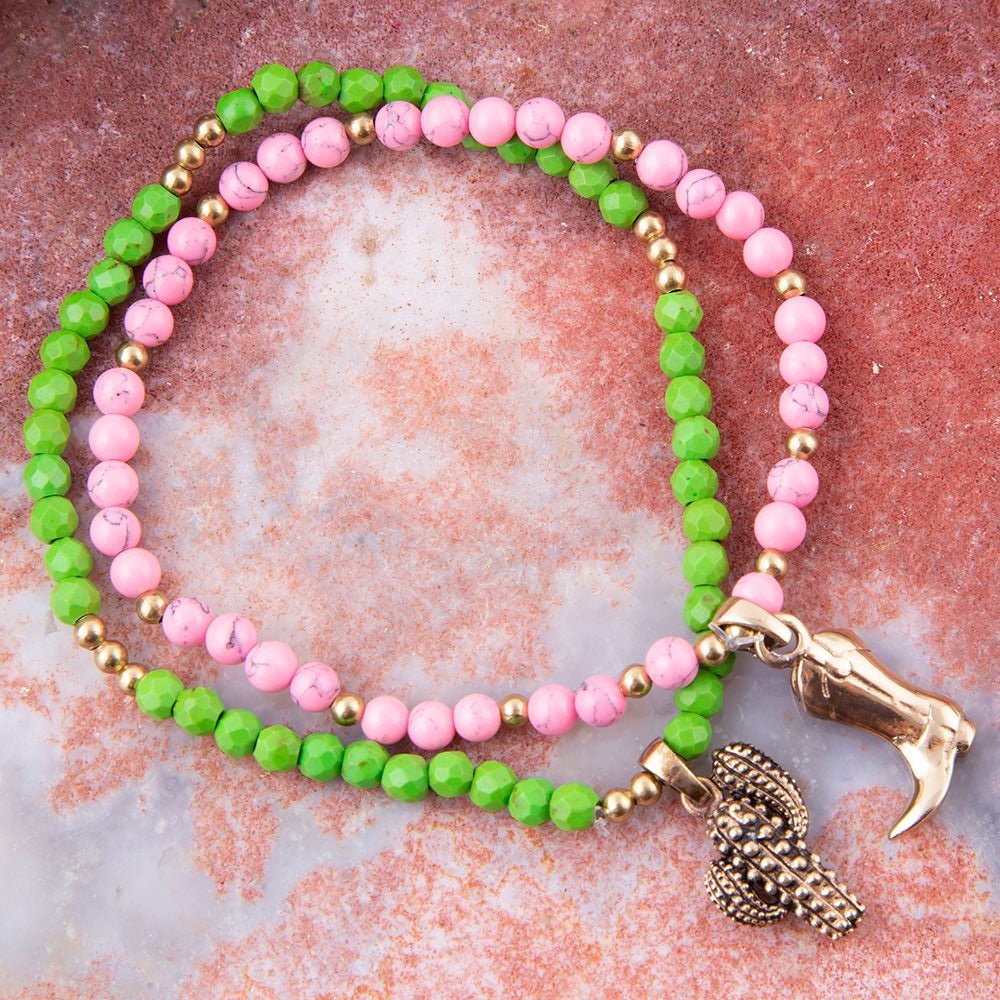 Pink Green Jade Bracelet Set with Charms Genuine Magnesite Charmed Cactus and Boot