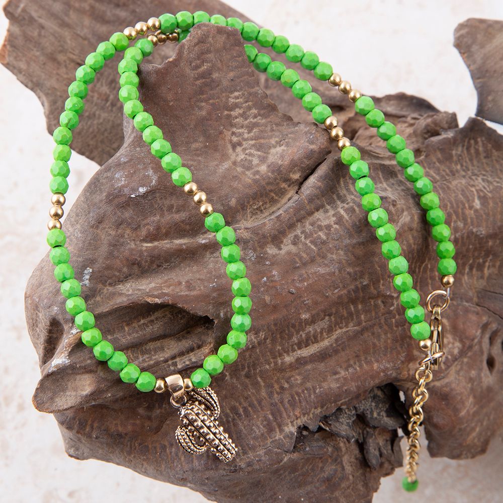 Lime Green Turquoise Golden Cactus Pendant Necklace Charmed