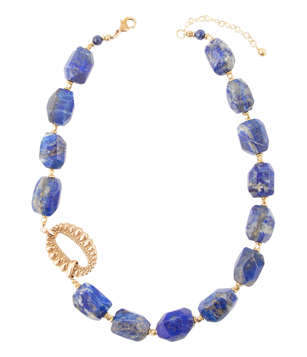 Chunky Blue Lapis Station Golden Necklace 16.5 Inch Length Barse Jewelry