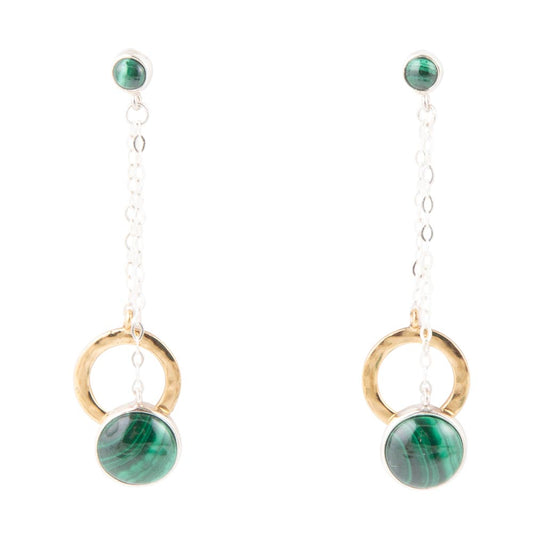 Green Malachite Circle Two-Toned Metal Dangle Earrings Barse Jewelry