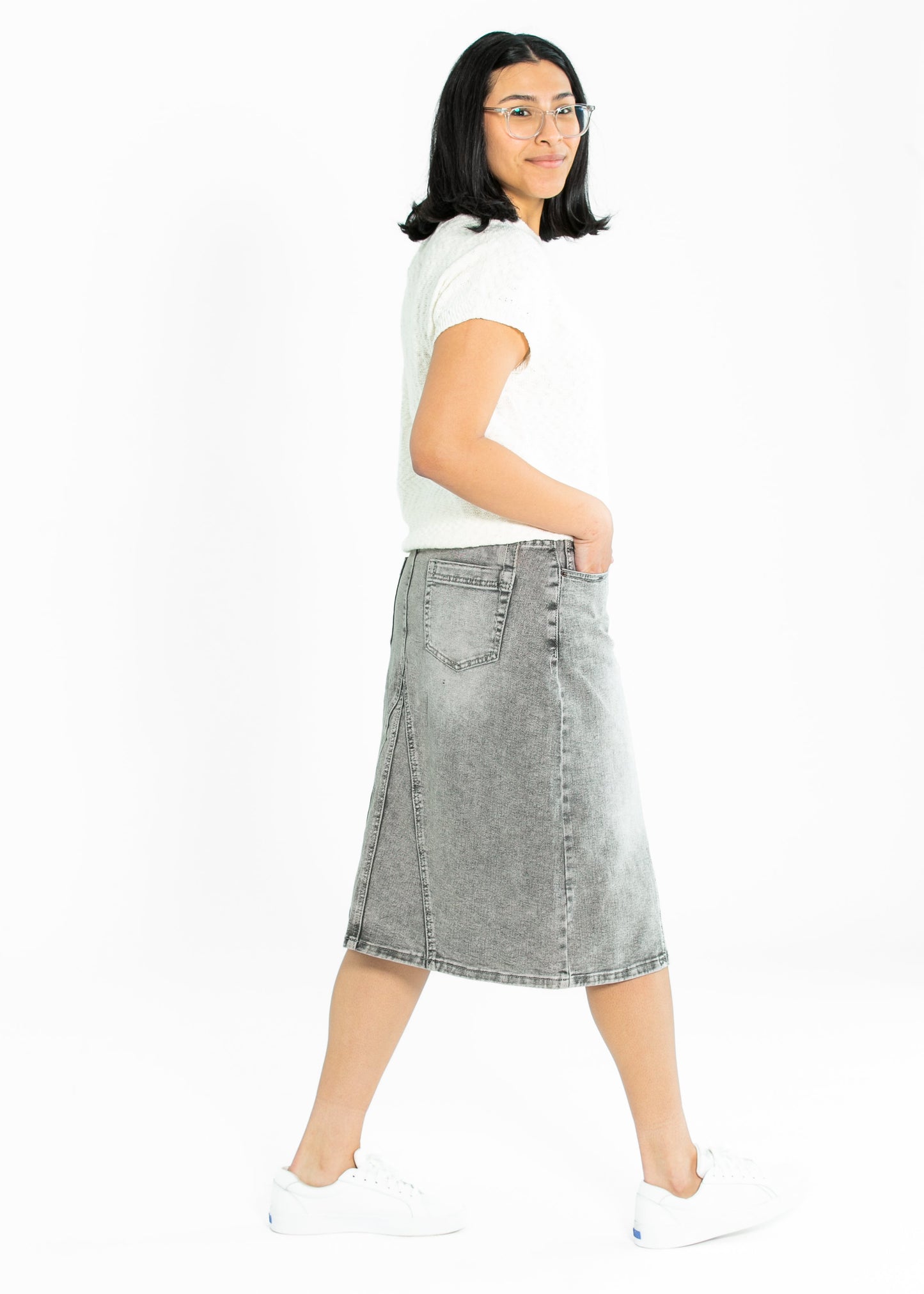 Denim Washed Black A-line Midi Skirt Claire Inherit Co.