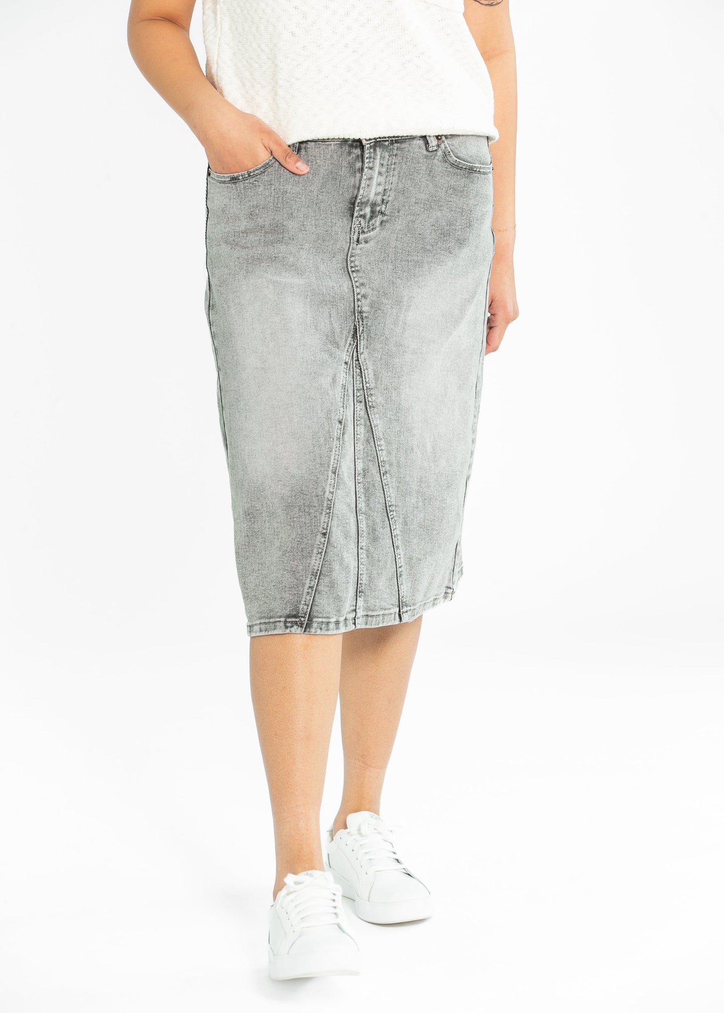 Denim Washed Black A-line Midi Skirt Claire Inherit Co.