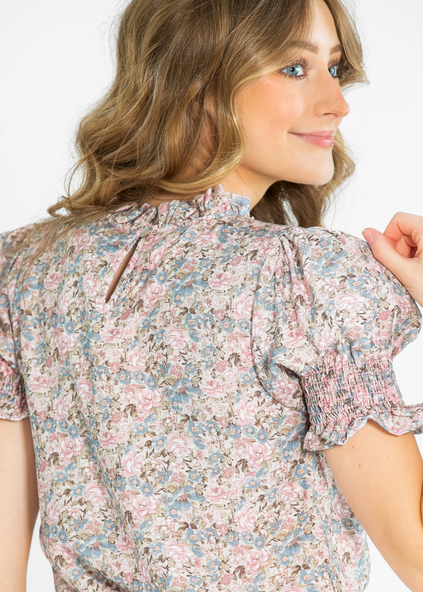 Clara Floral Ruffle Mockneck Short Sleeve Top Tan Floral
