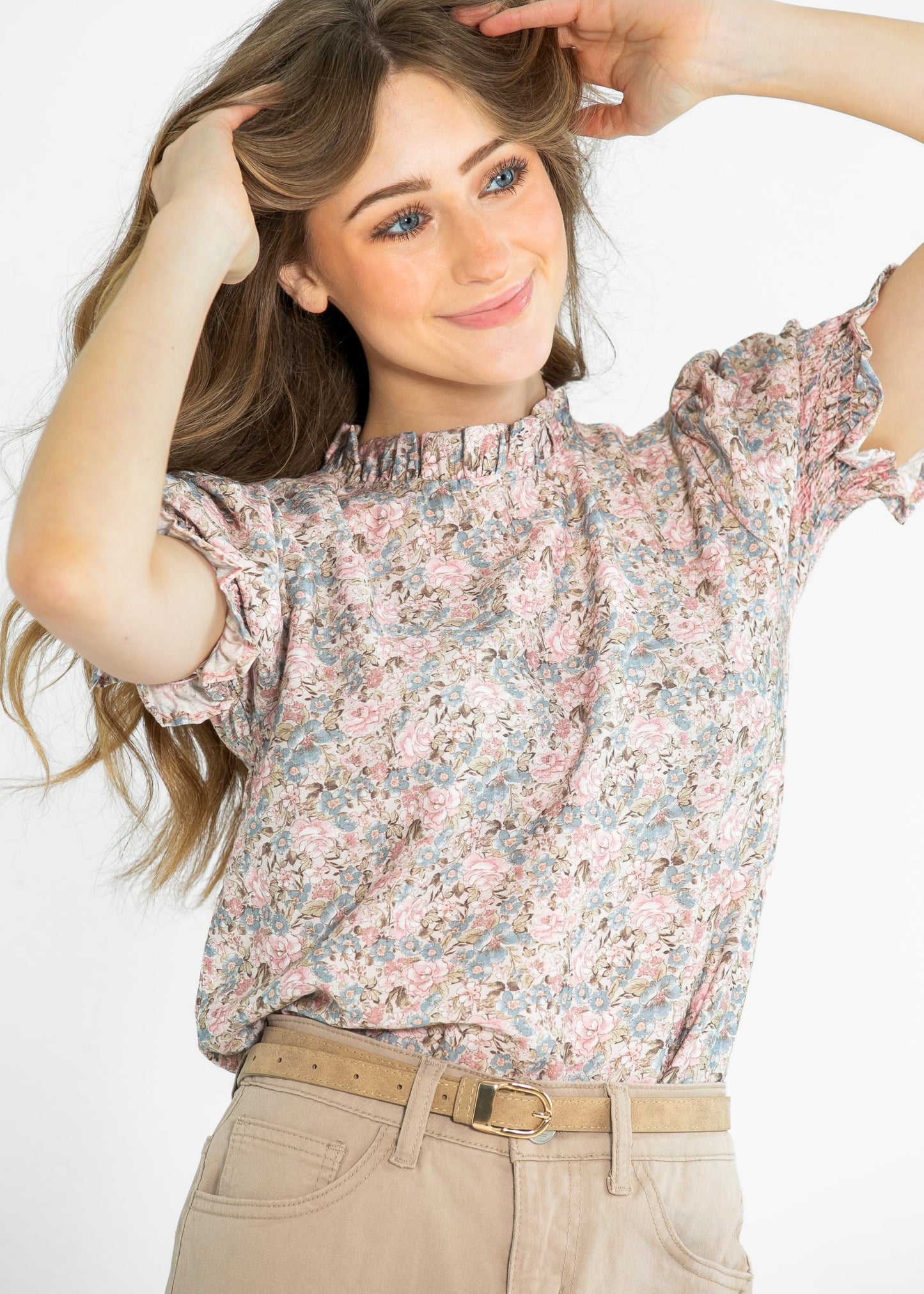 Clara Floral Ruffle Mockneck Short Sleeve Top Tan Floral