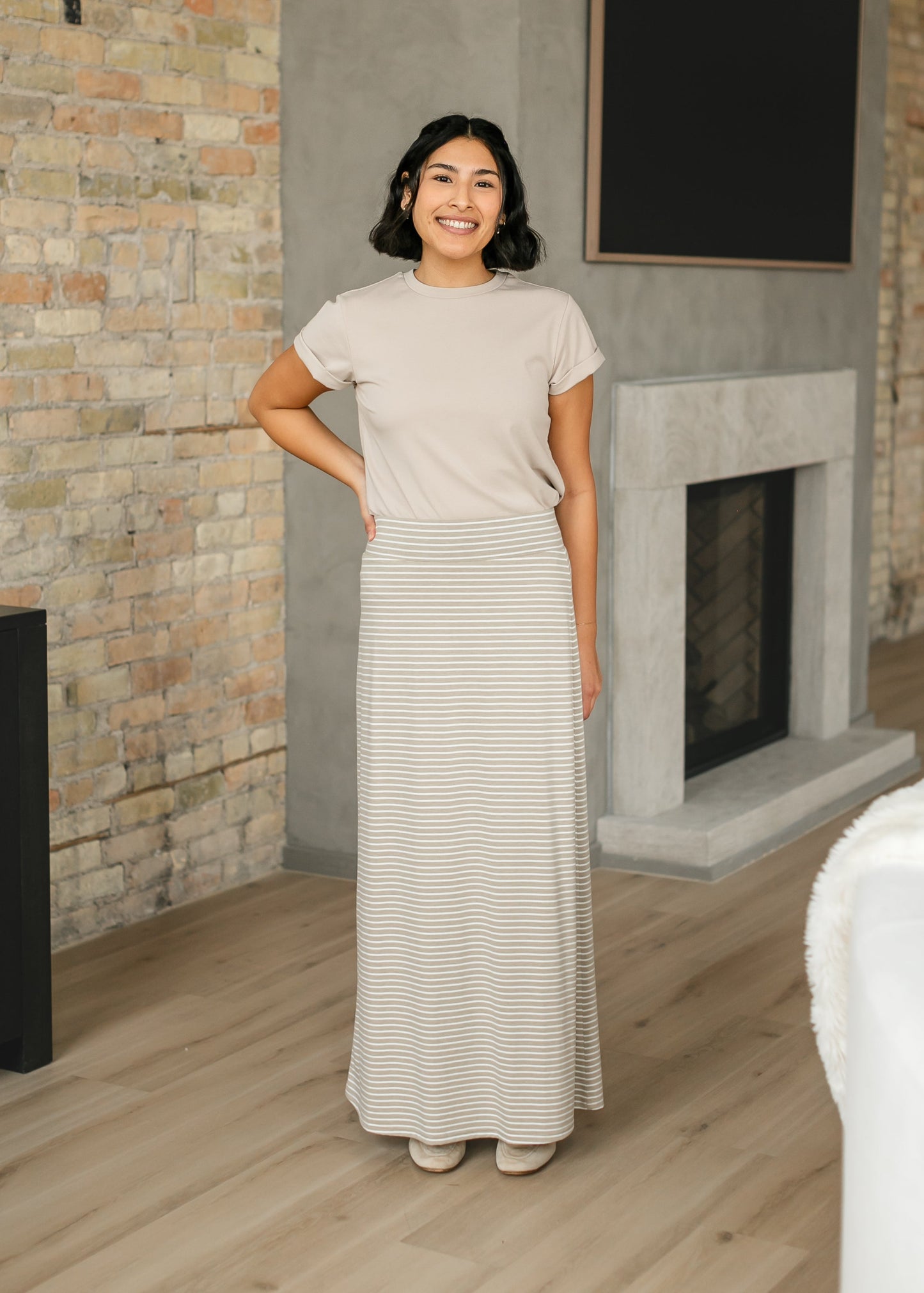 Striped Premium Knit Maxi Skirt Elastic Waistband Clarise