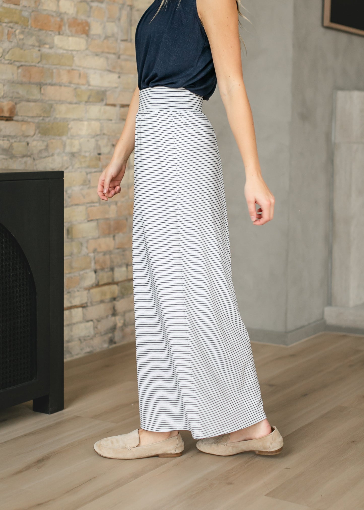 Striped Premium Knit Maxi Skirt Elastic Waistband Clarise