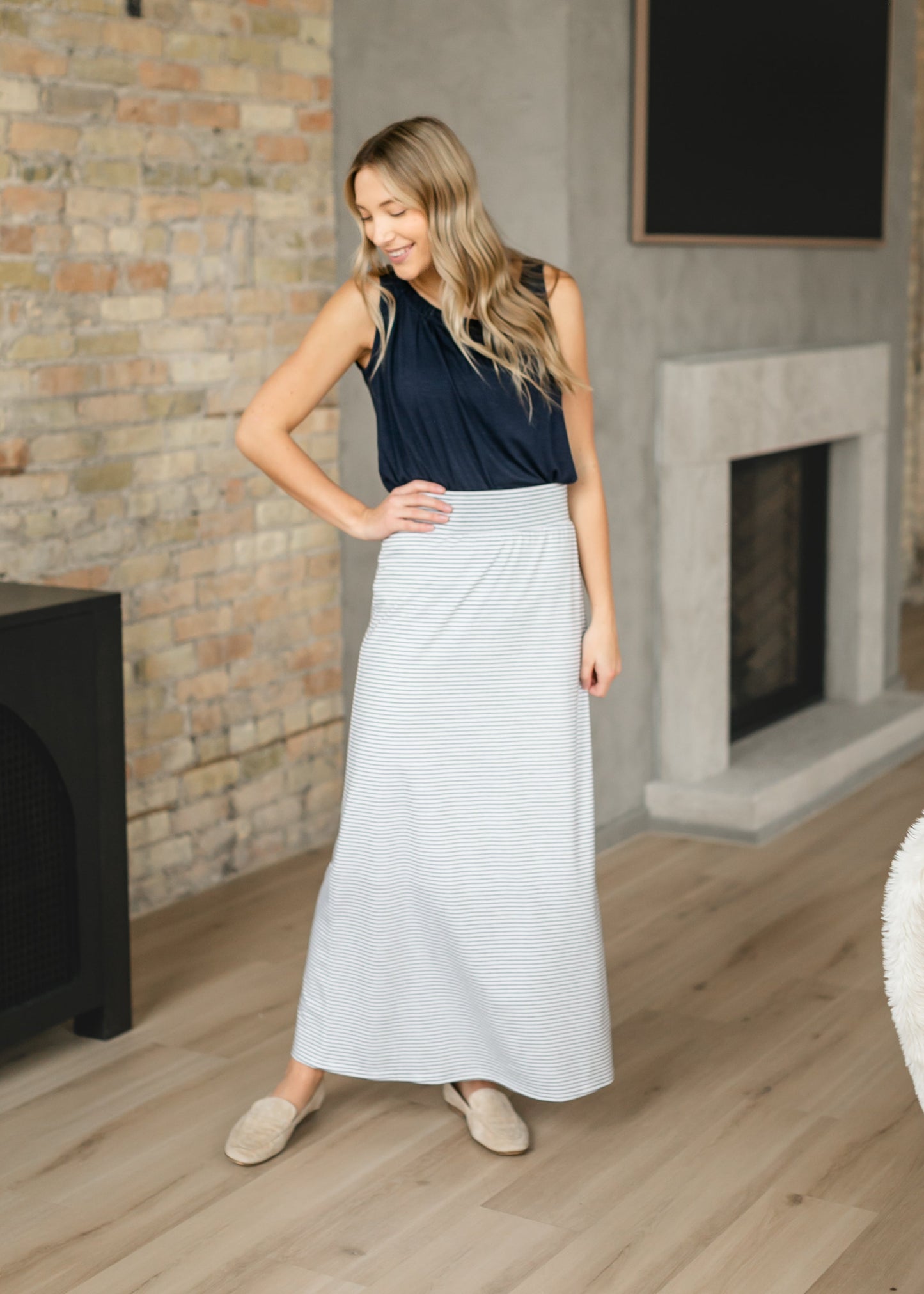 Striped Premium Knit Maxi Skirt Elastic Waistband Clarise