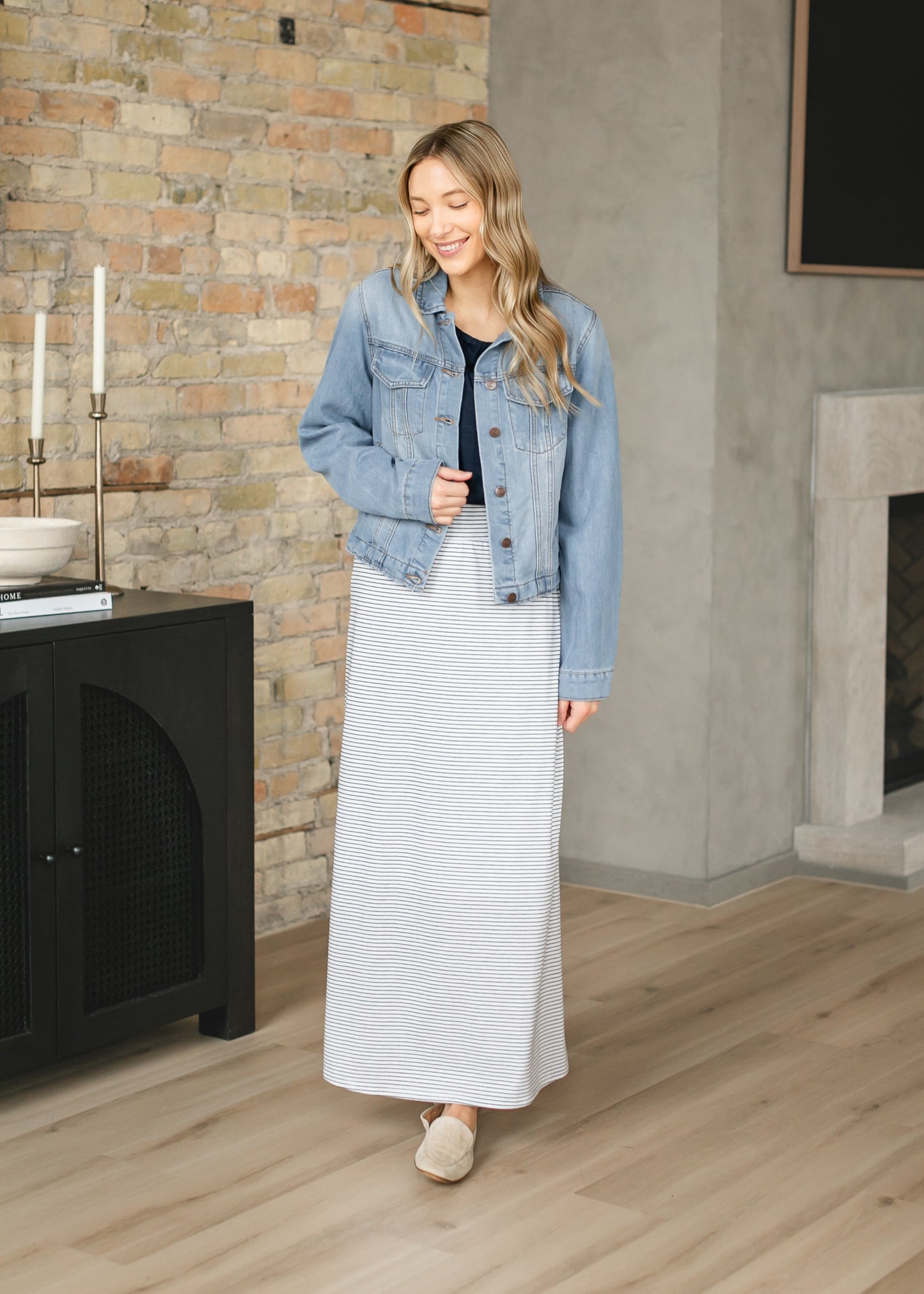 Striped Premium Knit Maxi Skirt Elastic Waistband Clarise