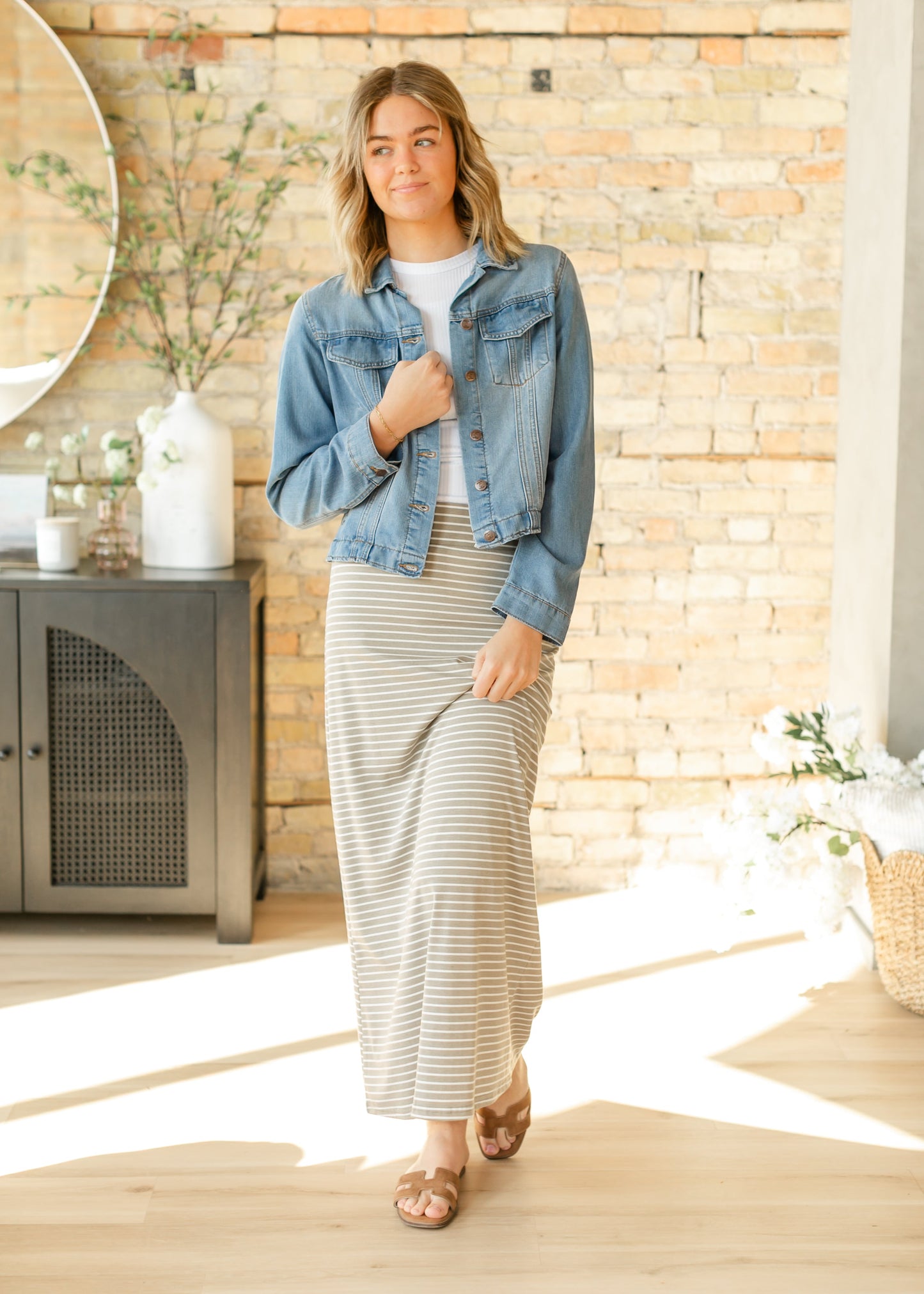 Striped Premium Knit Maxi Skirt Elastic Waistband Clarise