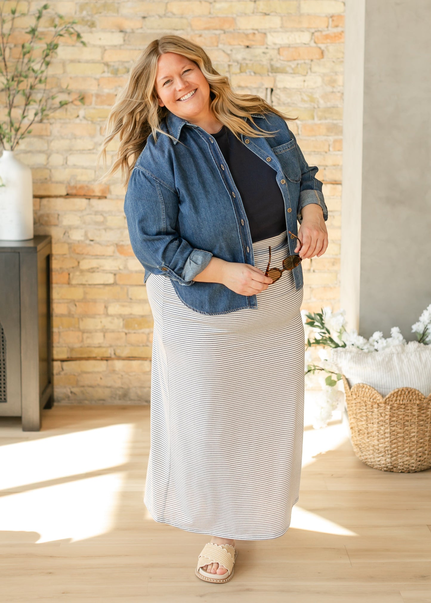 Striped Premium Knit Maxi Skirt Elastic Waistband Clarise