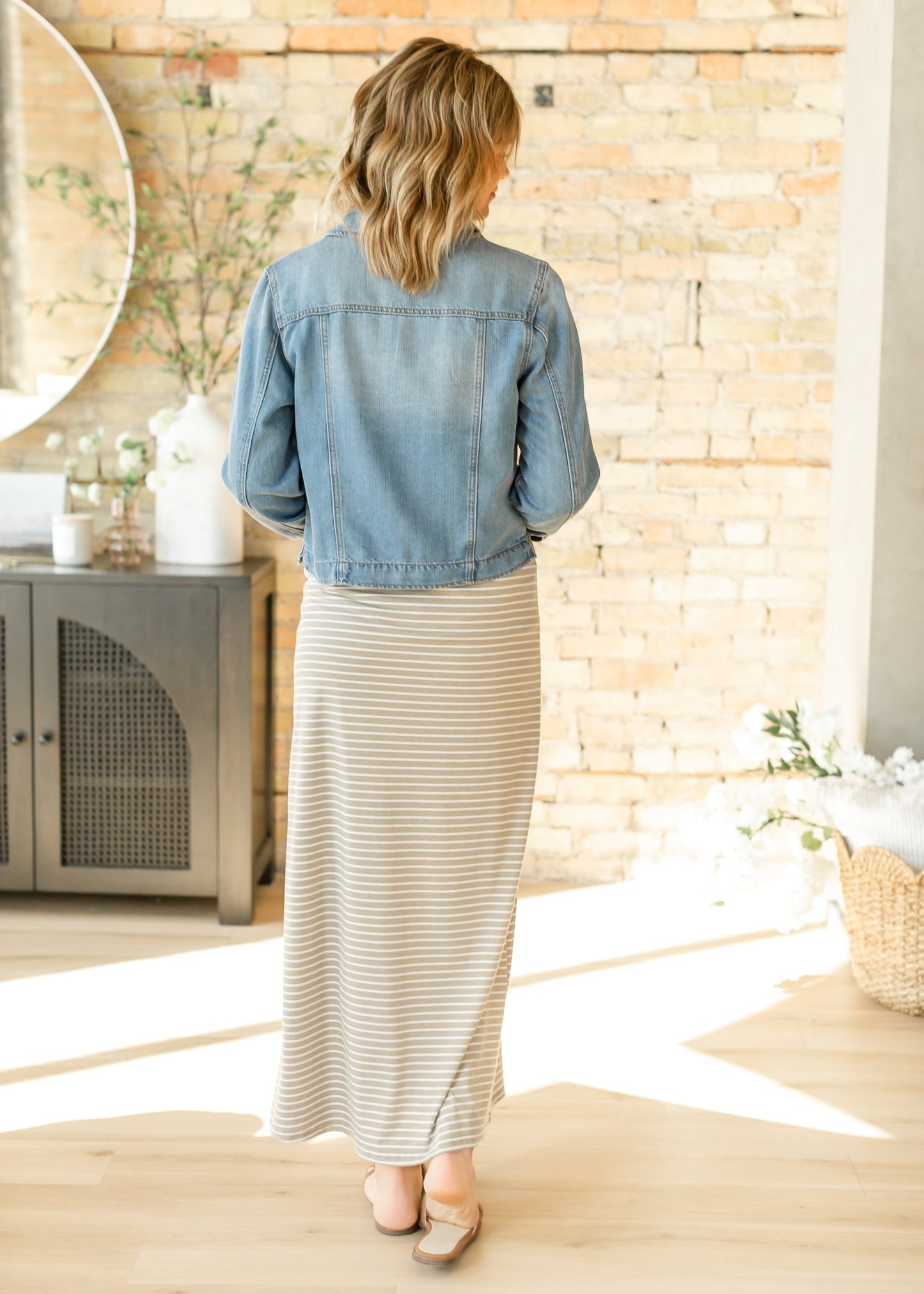 Striped Premium Knit Maxi Skirt Elastic Waistband Clarise