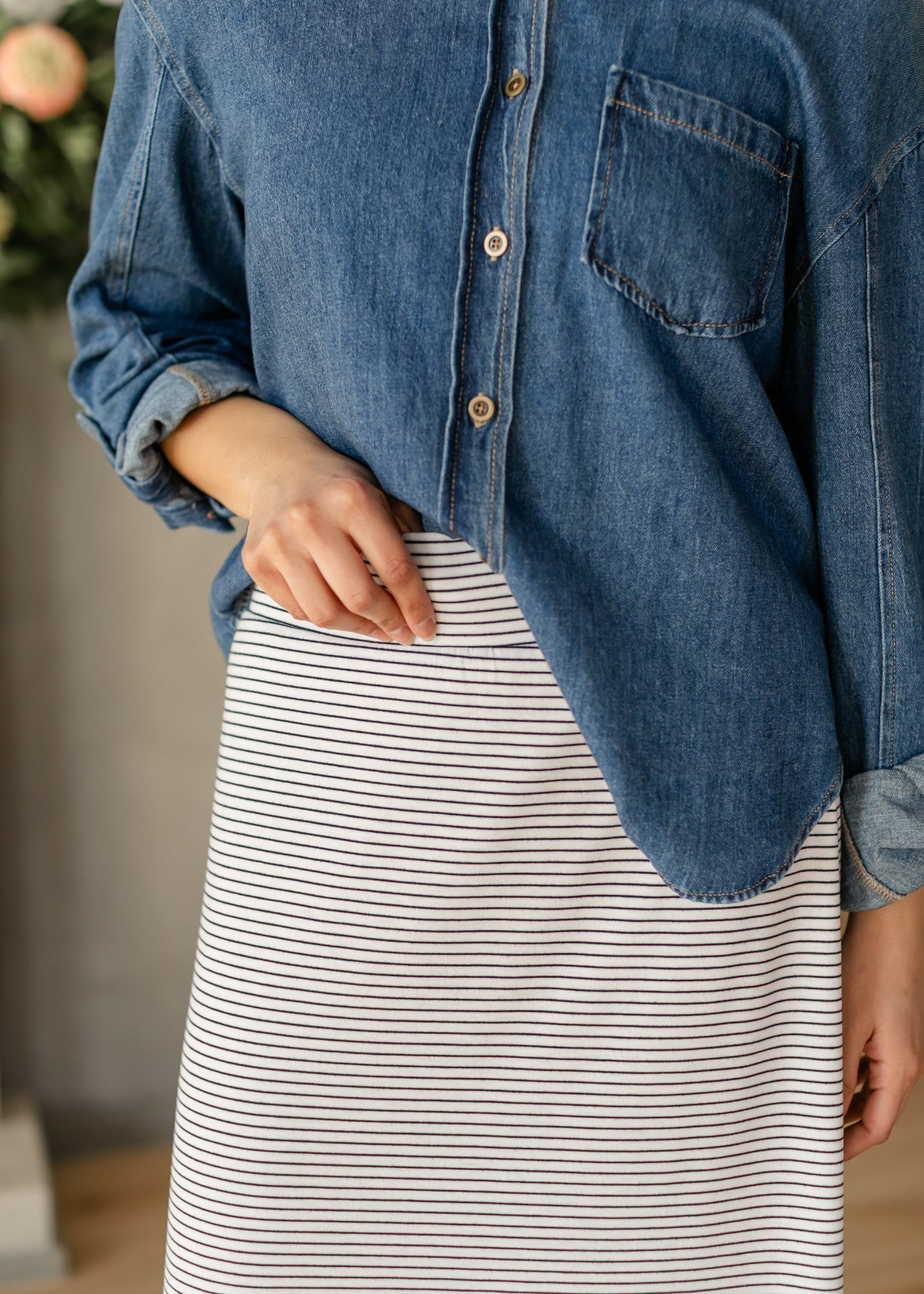 Striped Premium Knit Maxi Skirt Elastic Waistband Clarise