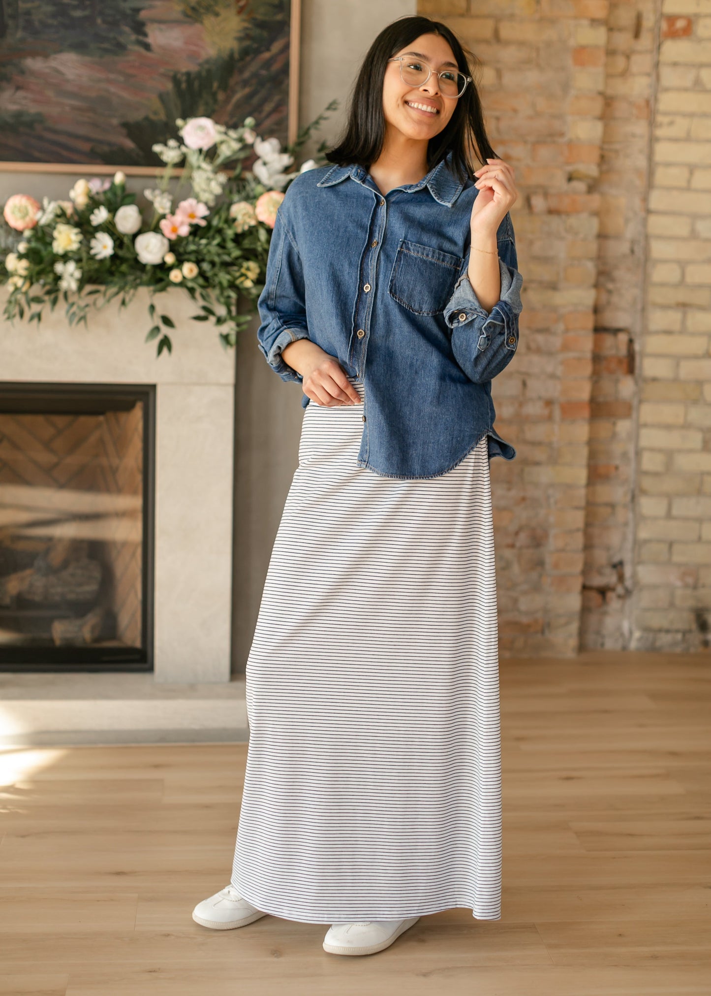 Striped Premium Knit Maxi Skirt Elastic Waistband Clarise
