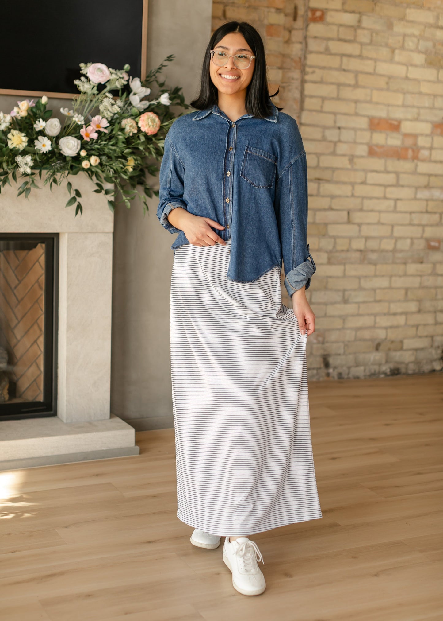 Striped Premium Knit Maxi Skirt Elastic Waistband Clarise