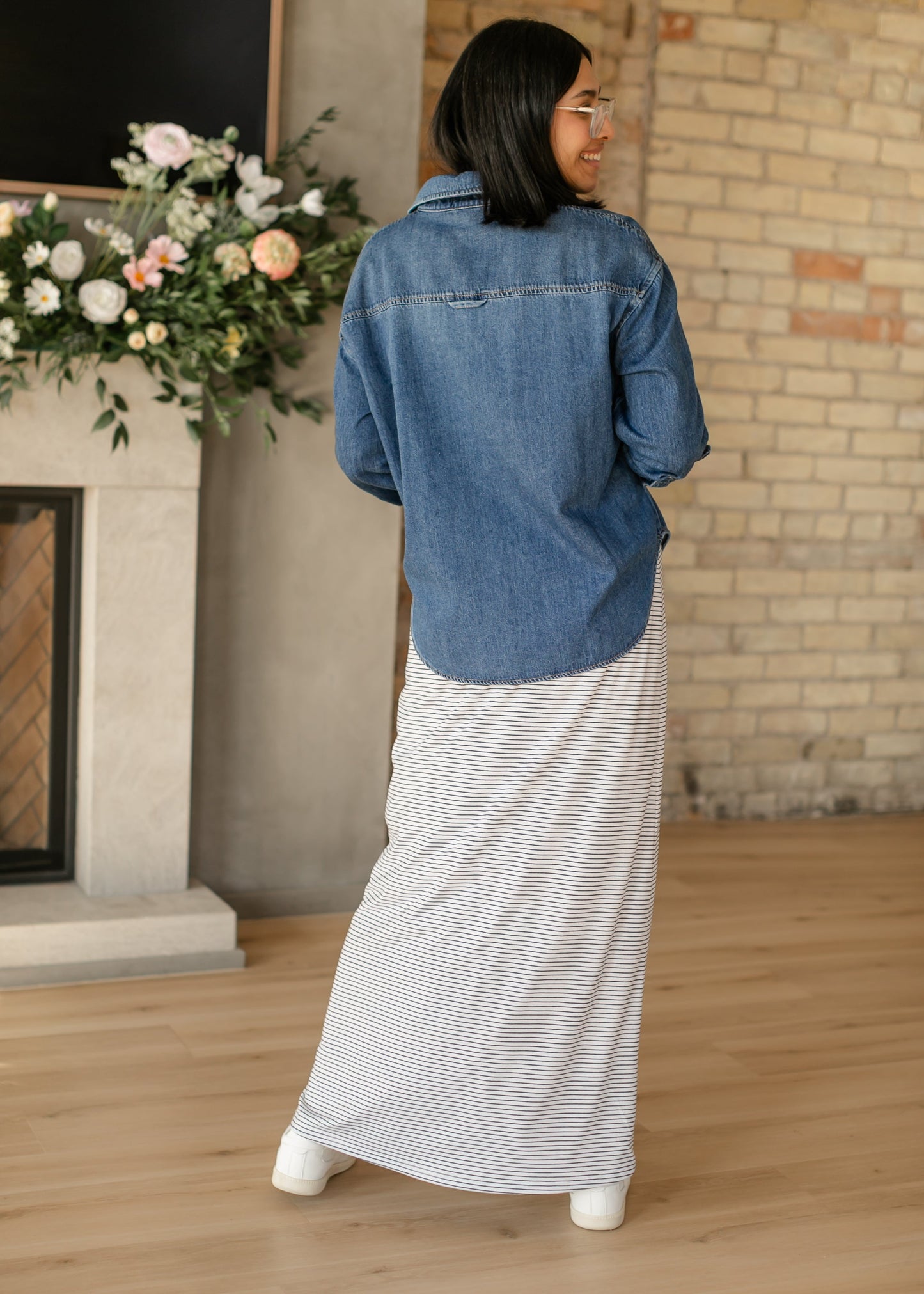 Striped Premium Knit Maxi Skirt Elastic Waistband Clarise