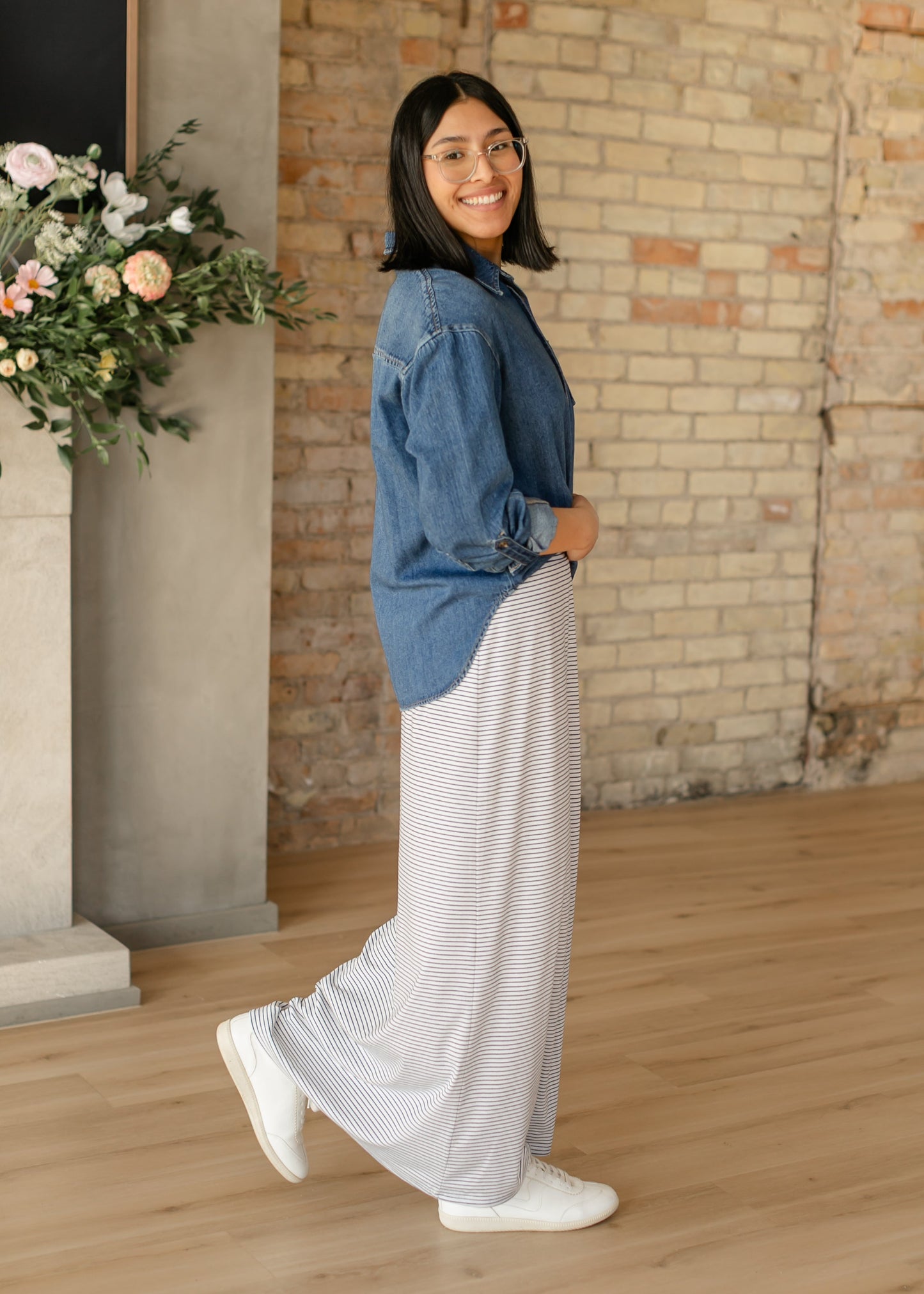 Striped Premium Knit Maxi Skirt Elastic Waistband Clarise