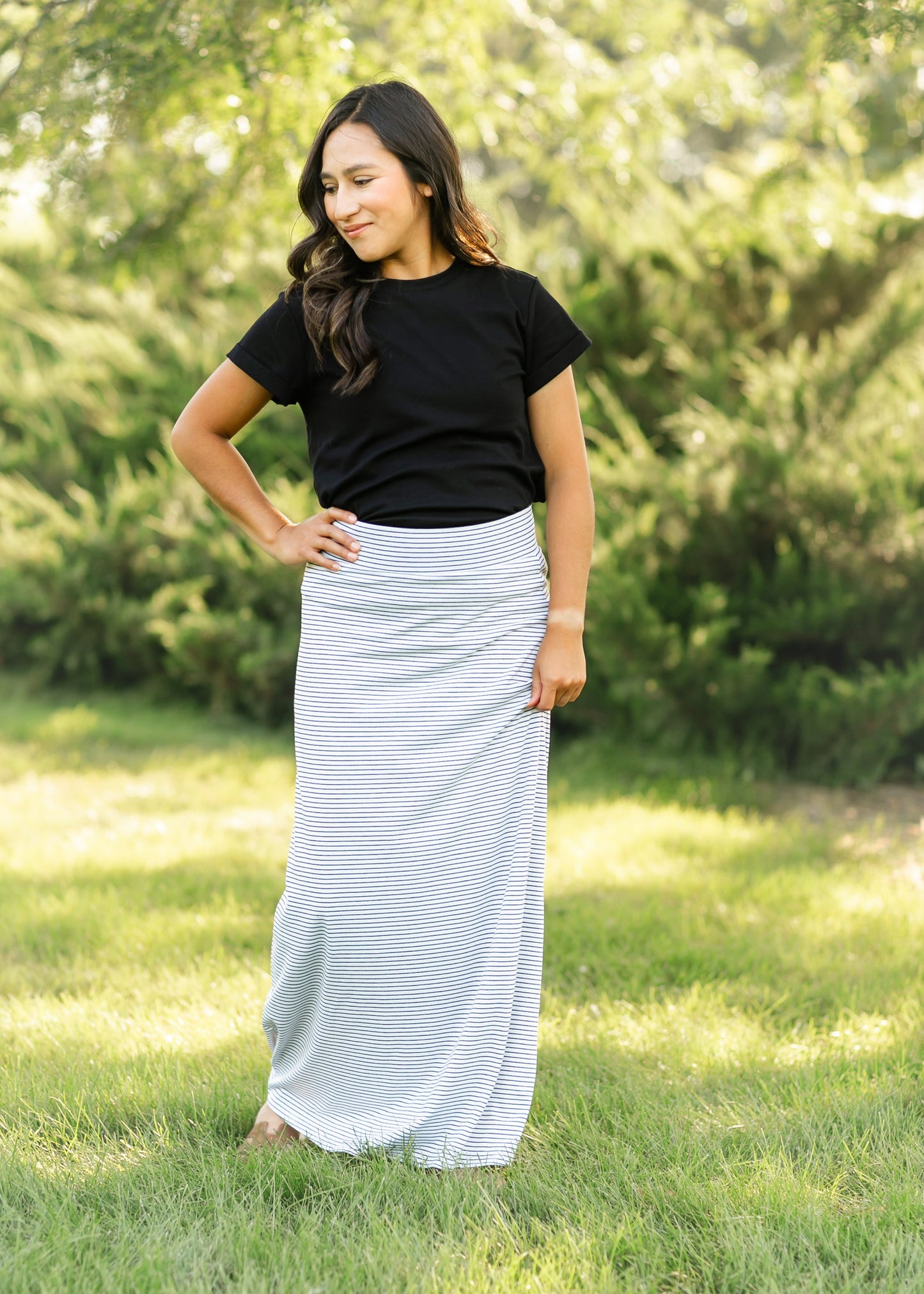 Striped Premium Knit Maxi Skirt Elastic Waistband Clarise